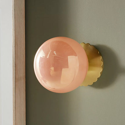 Glass Spherical Wall Light – Pink Shade & Gold Iron Base | 15cm