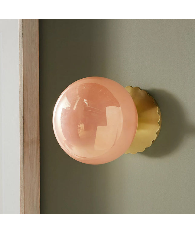 Glass Spherical Wall Light – Pink Shade & Gold Iron Base | 15cm