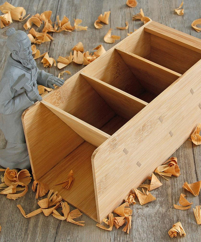Bamboo Oblique Pen Holder – Natural Desk Organiser Storage Box