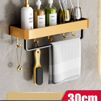 Bathroom Towel Storage Rack – Aluminium Shelf with Hooks | Ikeame