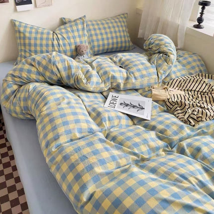 Washed Cotton Check Bedding | Yellow Blue Duvet Cover Set