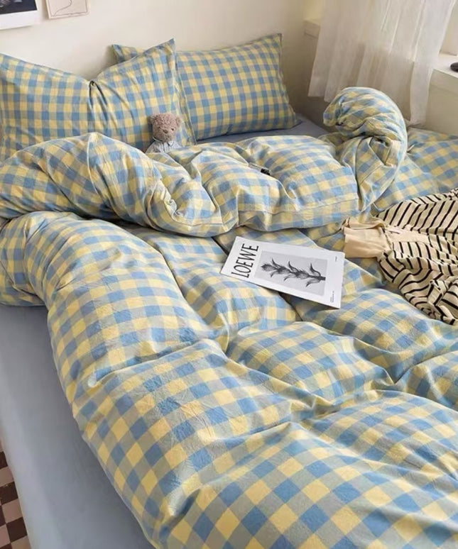 Washed Cotton Check Bedding | Yellow Blue Duvet Cover Set