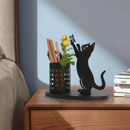 Black Metal Cat Pen Holder – Minimalist Desk Organiser