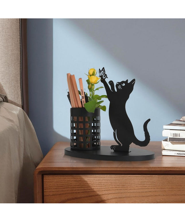 Black Metal Cat Pen Holder – Minimalist Desk Organiser