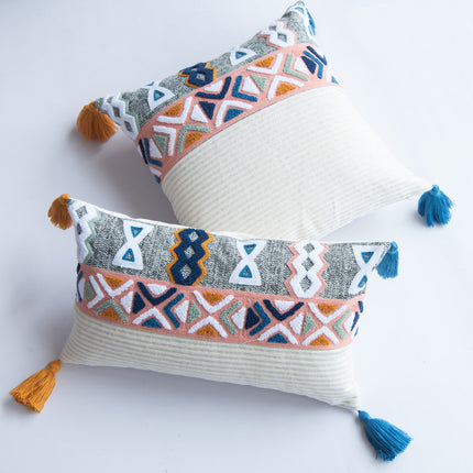 Tufted Embroidered Bohemian Cushion Cover with Tassels | 45x45, 30x50