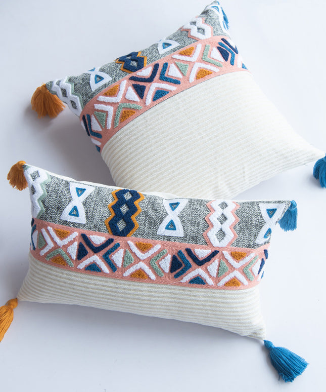 Tufted Embroidered Bohemian Cushion Cover with Tassels | 45x45, 30x50