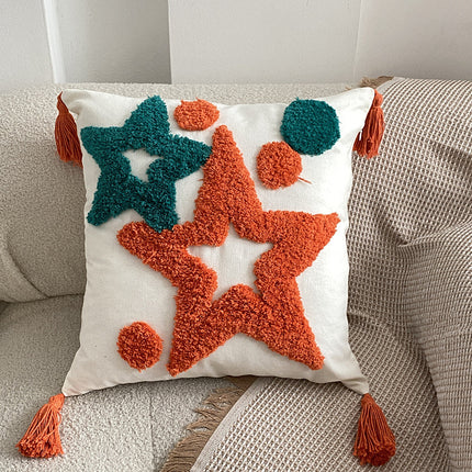 Nordic-Inspired Bohemian Tufted Cushion – Grey and Yellow Geometric Design