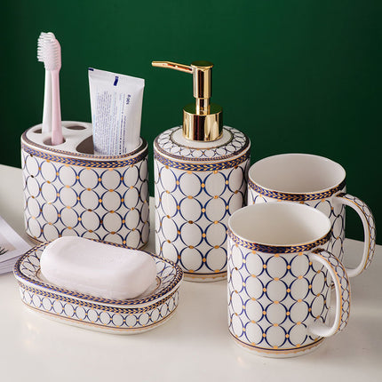 Nordic Ceramic Bathroom Set – 5 or 6 Pieces | Blue & Gold on White