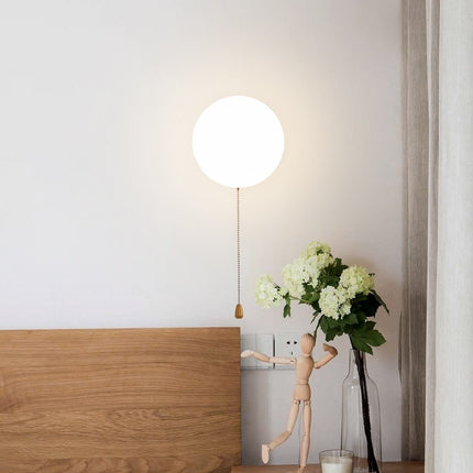 Nordic Spherical Wall Lamp – Iron Glass with Wood Grain Base, Pull Cord