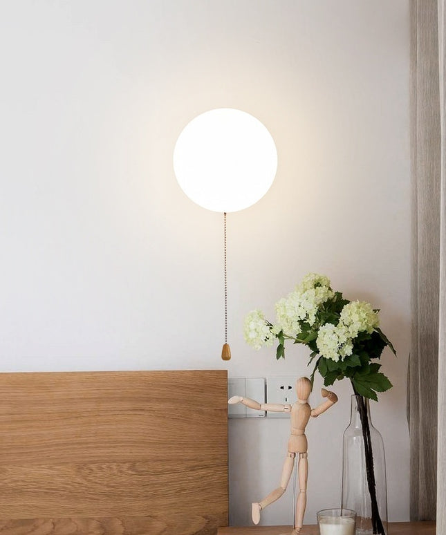 Nordic Spherical Wall Lamp – Iron Glass with Wood Grain Base, Pull Cord