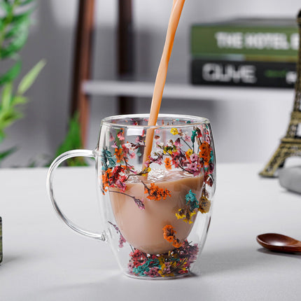 Real Flower Double Layer Glass Cup | Borosilicate Floral Mug
