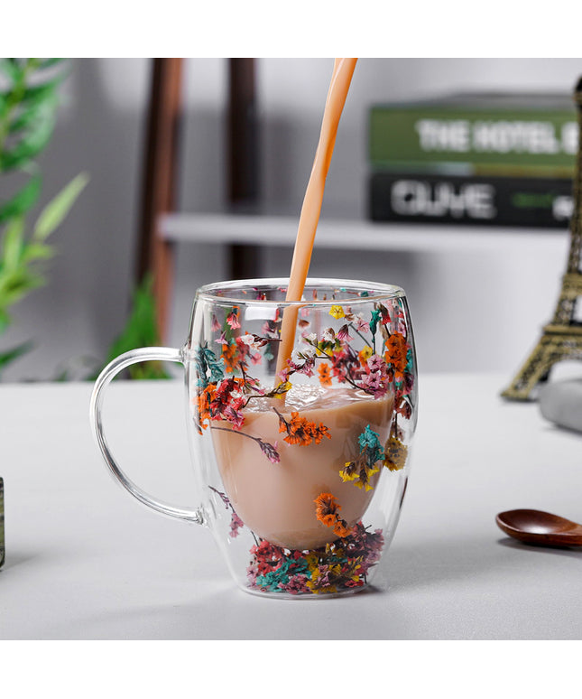 Real Flower Double Layer Glass Cup | Borosilicate Floral Mug