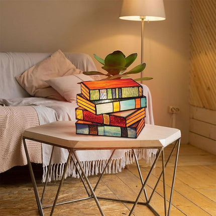 Book Stack Stained Glass Style Table Lamp – Resin LED Light