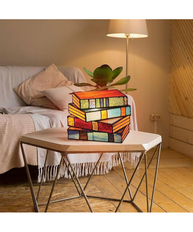 Book Stack Stained Glass Style Table Lamp – Resin LED Light