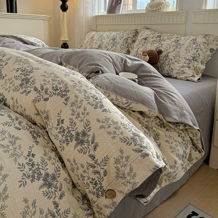 Cotton Linen Bedding Set | Floral Autumn Winter Duvet Cover