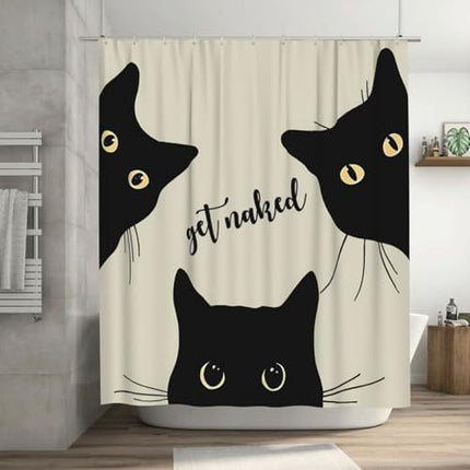 Black Cat Shower Curtain Waterproof Polyester Fabric Design With Text