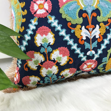 Vintage Boho Embroidered Cushion Cover | Fringe Pillowcase