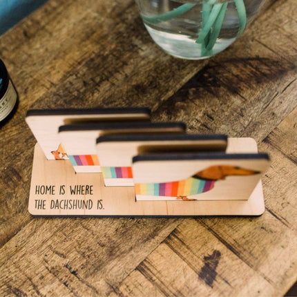 Dachshund Coaster Set | Wooden Dog Coasters with Holder