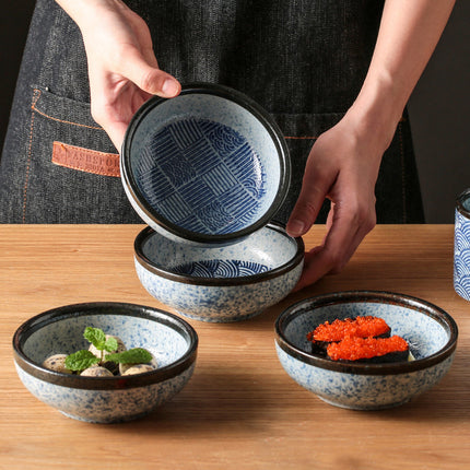 Japanese Ceramic Bowl 🍜 – Blue and White Ripple or Grid Design