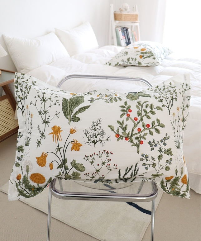 Pure Cotton Bed Sheet Set – Wildflower Dandelion Print in Yellow, Green & White (Single–Super King)