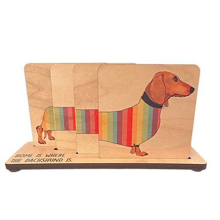 Dachshund Coaster Set | Wooden Dog Coasters with Holder