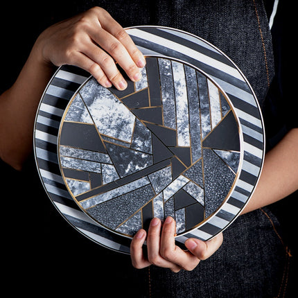 Luxury Bone China Plates – Nordic Monochrome Geometric Design with Gold Trim | 20cm or 25cm