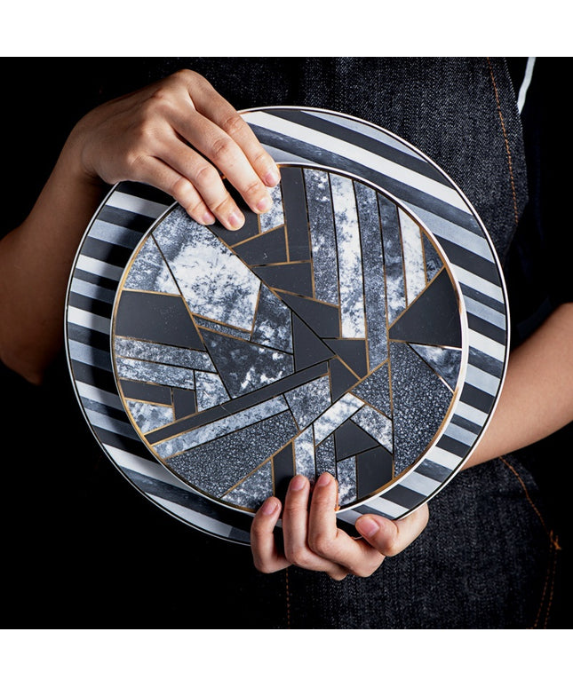 Luxury Bone China Plates – Nordic Monochrome Geometric Design with Gold Trim | 20cm or 25cm