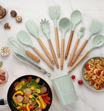 Silicone Kitchen Utensil Set | Wooden Handle Cooking Tools