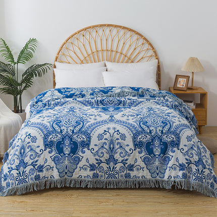 Blue Paisley Cotton Throw | Tassel Blanket