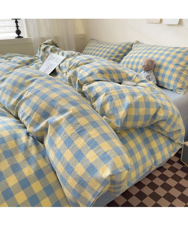 Washed Cotton Check Bedding | Yellow Blue Duvet Cover Set