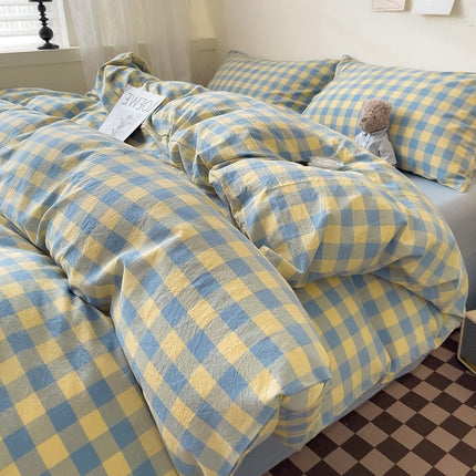 Washed Cotton Check Bedding | Yellow Blue Duvet Cover Set