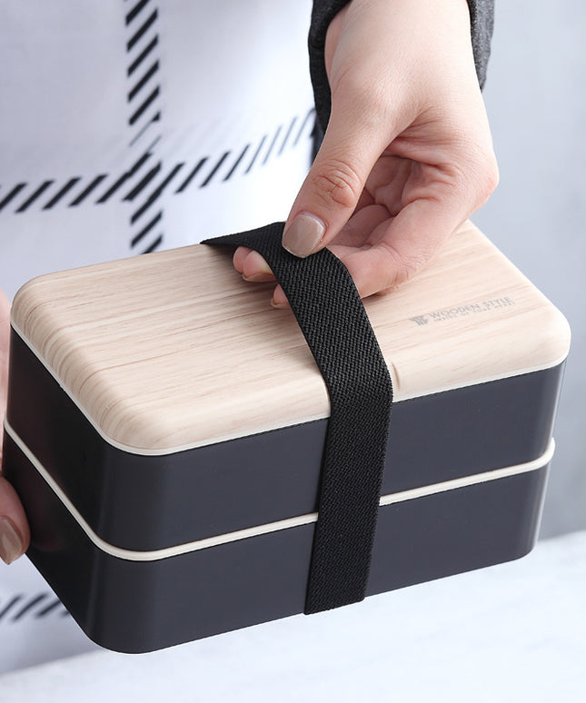 Double Layer Lunch Box 🍱 – White or Black with Wood Effect Lid