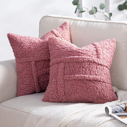 Lamb Wool Fleece Double-Sided Cushion Cover – Red, Brown & Cream | 50x50, 60x60, 65x65cm