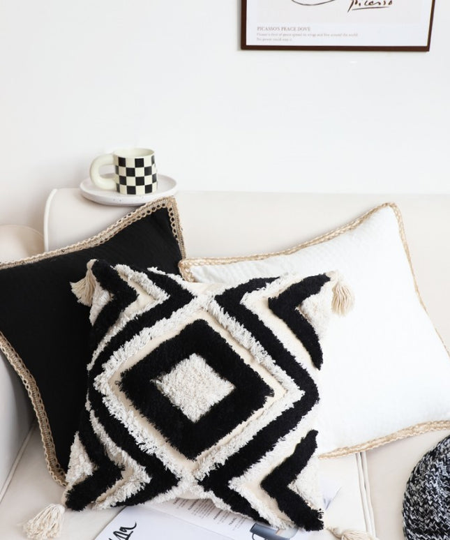 Bohemian Tufted Geometric Cushion with Core – 45x45cm | White, Beige & Black