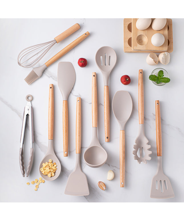 12 Piece Silicone Kitchen Utensil Set | Wooden Handle Kitchenware