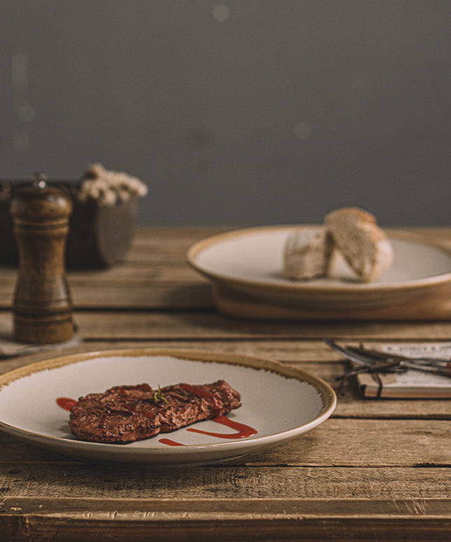 Ceramic Dinner Plate 🍽️ – Stone with Apricot Yellow Edge