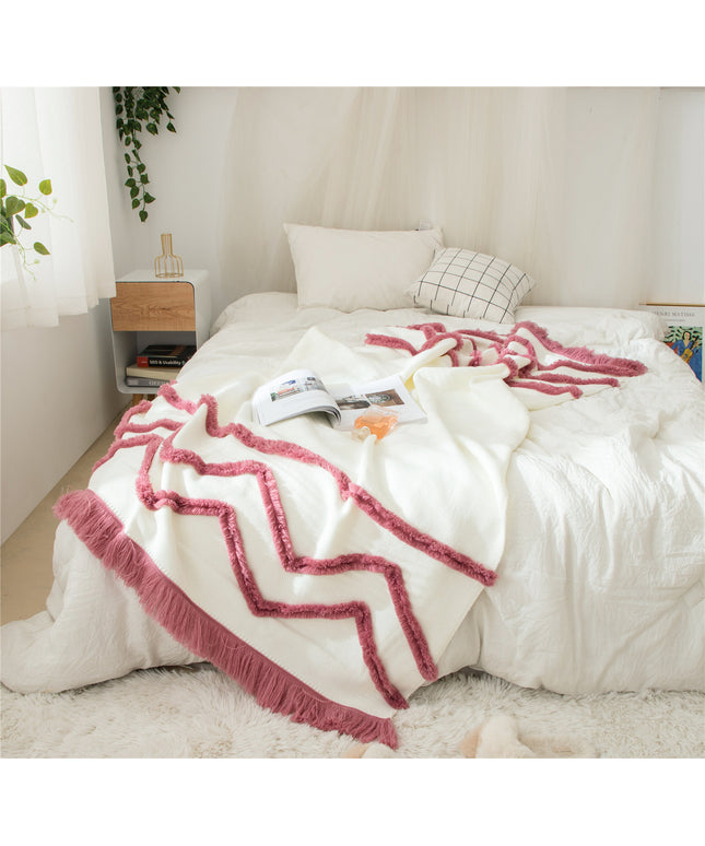 Knitted Zig Zag Tassel Blanket – Cream with Red, Yellow, or Blue