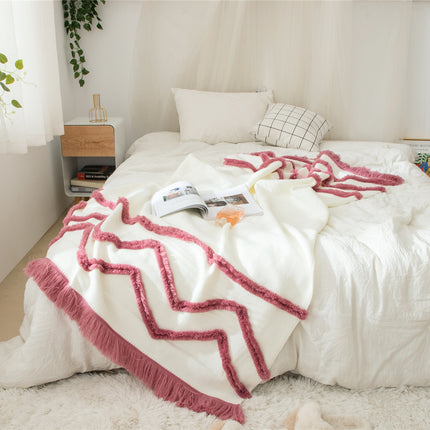 Knitted Zig Zag Tassel Blanket – Cream with Red, Yellow, or Blue
