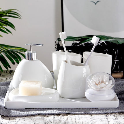 Simple White Porcelain Bathroom Toiletries Set — 5 Pieces
