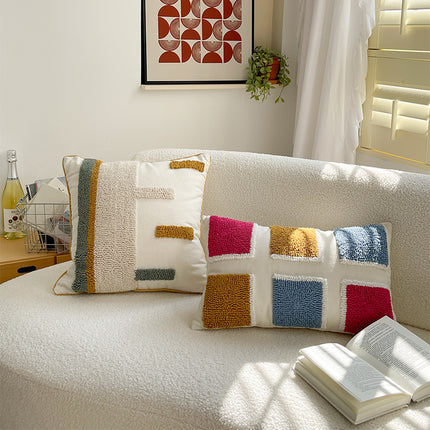 Colourful Embroidered Geometric Cushion – 50x30cm with Core