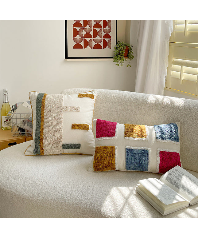 Colourful Embroidered Geometric Cushion – 50x30cm with Core