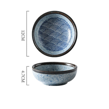 Japanese Ceramic Bowl 🍜 – Blue and White Ripple or Grid Design