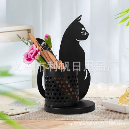 Black Metal Cat Pen Holder – Minimalist Desk Organiser