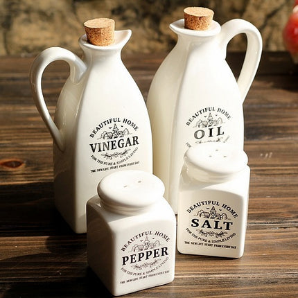 Country Style Ceramic Seasoning Set 🌾 – 4-Piece Set: Oil, Vinegar, Salt & Pepper