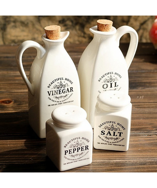 Country Style Ceramic Seasoning Set 🌾 – 4-Piece Set: Oil, Vinegar, Salt & Pepper