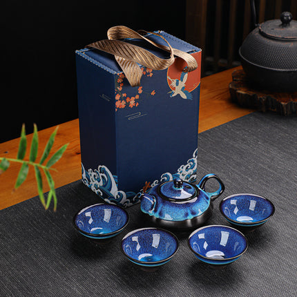 Japanese Ceramic Gift Tea Set 🍵 – Teapot & 4 Cups, 2 Glazes & Designs
