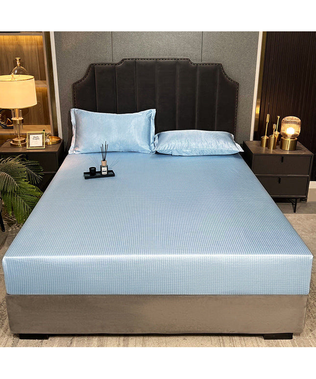 Houndstooth Ice Silk 3-Piece Bed Linen Set – Blue, Pink, or Purple | 2 Sizes