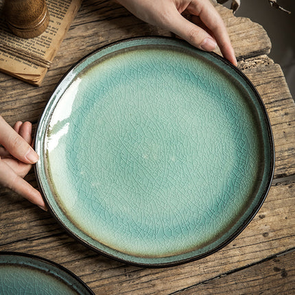 Vintage Ceramic Plate 🌊 – Blue-Green Ice-Cracked Glaze