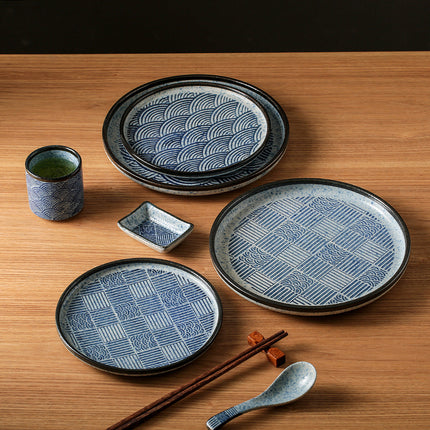Japanese-Style Ceramic Plates – Blue & White Wave or Grid Patterns | Ikeame