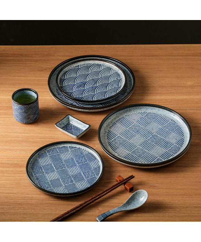 Japanese-Style Ceramic Plates – Blue & White Wave or Grid Patterns | Ikeame